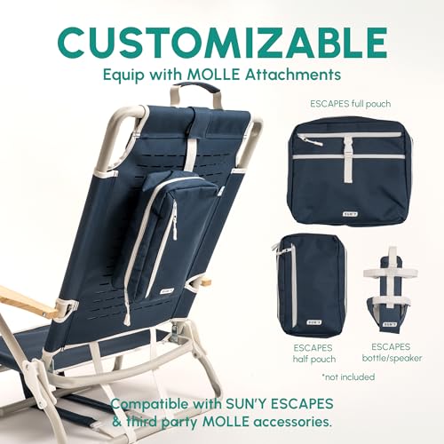 SUN'Y Escapes Backpack Beach Chair - Made w/Ocean Bound Plastics, Customizable w/MOLLE Accessories, Ultra Lightweight, Low-Seat Natural Comfort, Durable, Rust Free & Waterproof - Nautical Navy