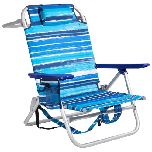 Backpack Beach Chairs for Adults, 300lbs Heavy Duty Folding Camping Chair with Large Pockets and Cup Holder, Adjustable High Beach Lounge Chairs with Towel Rack for Outdoor Travel, Blue (1 Pack)