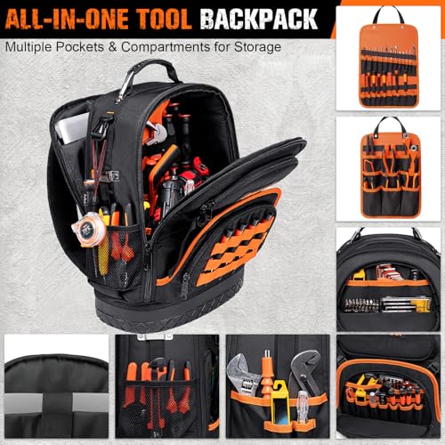 AUROPEAK 96-Pocket Hvac Tool Backpack Heavy Duty, Electrician Tool Bag Backpack for Men Women, Hvac Tool Bag Organizer, Large Tool Backpack with Laptop Compartment & Molded Base for Construction
