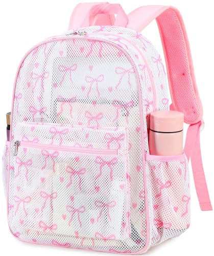 LEDAOU Mesh Backpack for Kids Girls Semi-Transparent Mesh School Backpack Bookbag Lightweight Casual Daypacks (Bow Pink)