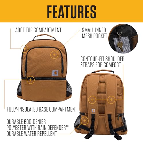 Carhartt Insulated 24 Can Two Compartment Cooler Backpack, Fully-Insulated Base, Durable Water-Resistant for Camping, Beach & Travel, Carhartt Brown