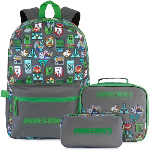 Get Trend Minecraft Kids Backpack Set for Boys with Insulated Lunch Bag & Pencil Case, 3 Pc Book Bag with Padded Straps for School, | Backpacks4Less