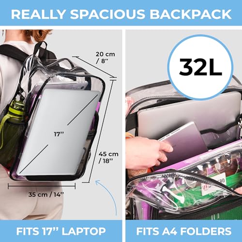 SHYLERO Clear Backpack Heavy Duty XL - H18''xW14''xD8. Has TSA Lock - Black