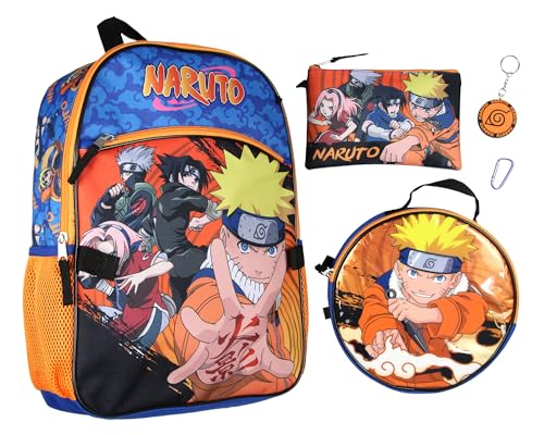 Bioworld Naruto Anime Character Group 16" Youth 5-Piece Backpack Set For School Or Travel With Lunch Tote Pencil Case Rubber Keychain Zipper Pull Carabiner