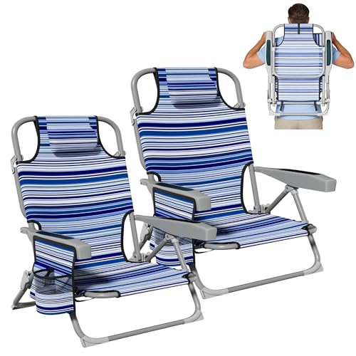 DIAMONDFORGE 2 Pack Lightweight Portable Beach Chair for Adults, 350 LBS Capacity Backpack Beach Chair, Reclining Beach Chair with 5-Position Lay Flat, Large Cup Holder for Beach Camping Sports, Blue