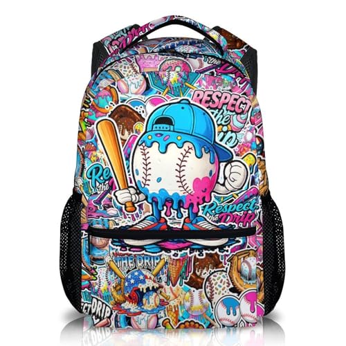 CustomWish Kids Backpack for Boys Baseball Drip Backpacks for Kids Teens Team, Lightweight Large Capacity Cool Back to School Supplies