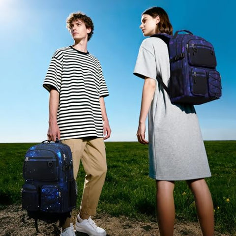 Lohol Multi-Pocket Backpack for Travel College, Heavy Duty Big Bookbag with 15.6 inch Laptop Compartment (Black Blue Galaxy