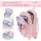 Bevalsa Rolling Backpack for Girls, Roller Backpack with Wheels, Cute Bow Plaid Wheeled School Bookbag Set with Lunch Bag & Pen Case, Suitcases for Kids Teens Elementary Middle Student (Pink)