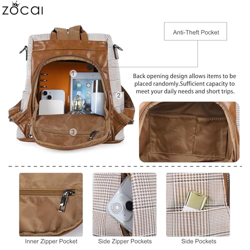 ZOCAI Backpack Purse for Women Fashion Backpack Purses PU Leather Daypacks Anti-Theft Shoulder Bag Satchel Purse(Brown)