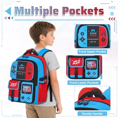Duzieda Boys Backpack with Lunch Box, 4 PCS Gamer Boys Backpack for Elementary Middle School, 17 Inch School Bags for Kids