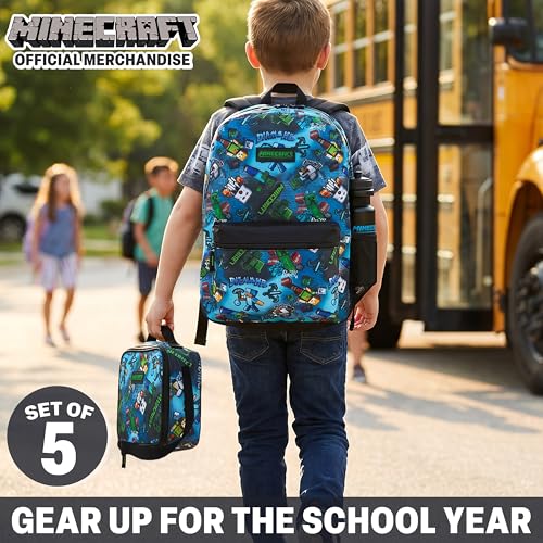 Get Trend Minecraft Kids Backpack Set for Boys with Insulated Lunch Bag, Water Bottle, Lanyard, & Charm, 5 Pc Book Bag with Padded Straps for School, Travel, Creeper Gamer Gifts (Multi Minecraft)