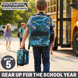 Get Trend Minecraft Kids Backpack Set for Boys with Insulated Lunch Bag, Water Bottle, Lanyard, & Charm, 5 Pc Book Bag with Padded Straps for School, Travel, Creeper Gamer Gifts (Multi Minecraft)