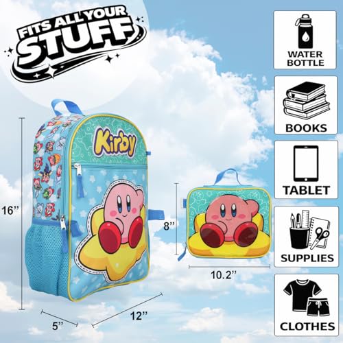 Bioworld Kirby 5-Piece Set: 16 Backpack, Lunchbox, Utility Case, Rubber Keychain, and Carabiner