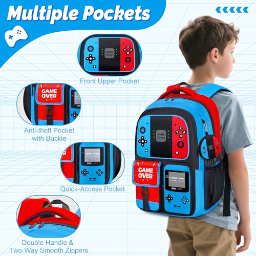TOWIHUN Gamer Backpack for Boys, 4pcs Gaming Boys Backpack with Lunch Box and Pencil Case for Kids, Video Gamer School Bags