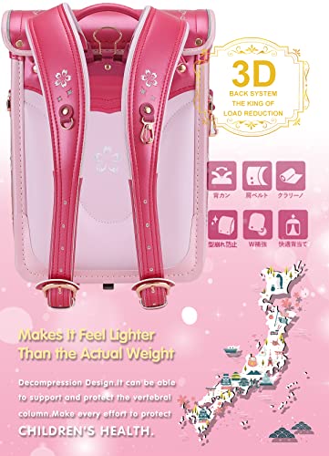 IwaiLoft Ransel Randoseru Backpack Automatic Satchel Japanese School Bag Cherry Blossom Sakura Embroidery PU Bookbag for Girls (Rose)
