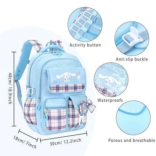 Roffatide Anime Kawaii School Backpack for Girls Boys with 21Pcs Accessories Cartoon Students Aesthetic New Semester Gifts Laptop Backpack with Cute Pins, Anti-Theft, ID Badge Holder