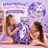 KLFVB Kids Rolling Backpack for Girls, Roller Wheels School Bag with Lunch Bag, Wheeled Sequins School Bookbag for Children - Cat
