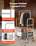VEVOR Hotel Luggage Cart, Brushed Stainless Steel Finish Bellman's Cart, 1200 LBS Valet Cart with Grey Carpeted Deck and 8-inch Rubber Wheels, Ideal for Hotels, Condos, Resorts, Silver