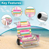 Suteck Beach Chair, Adjustable 5-Position Backpack Beach Chairs for Adults Kids, Foldable Lay Flat Chair with Cooler Bag, Cup Holder and Lumbar Pillow, Reclining Lay Down Chairs (1, Rainbow Pink)