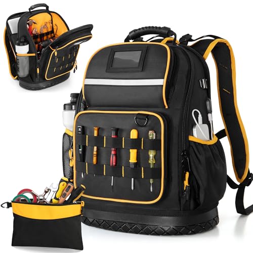 Marscamd Tool Backpack with Hard Bottom and a Tool Pouch, Heavy Duty Tool Bag with Multiple Pockets and Laptop Sleeve, Black | Backpacks4Less