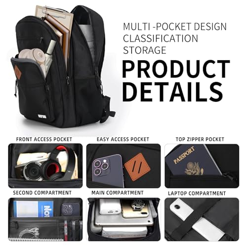 BICPSRO Classic School Backpack for Boys Girls Teens, Black Backpack for Men Women, 15.6 Inch Laptop Bookbag with Reinforced Straps for College High Middle School Work Business Book Bag