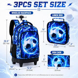 KLFVB Rolling Backpack for Boys and Mens, 3PCS Roller Bookbag with Lunch Bag for Kids, Wheeled School Bag for Children - Lightning Soccer