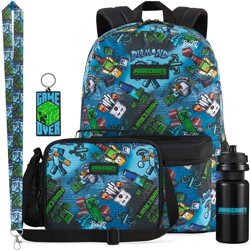 Get Trend Minecraft Kids Backpack Set for Boys with Insulated Lunch Bag, Water Bottle, Lanyard, & Charm, 5 Pc Book Bag with Padded Straps for School, Travel, Creeper Gamer Gifts (Multi Minecraft)