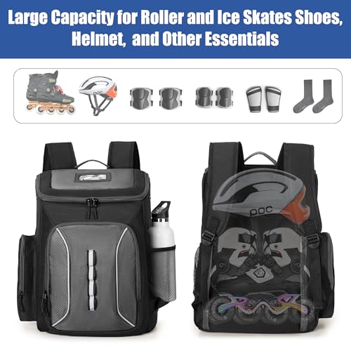 DSLEAF Roller Skate Bag with Large Capacity, Ice Skate Bag Backpack Holds Shoes Up to US Men Size 13, Figure Skate Bag with Multiple Pockets for Inline, Figure, Quad, Speed, Hockey Skating