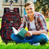 FTJCF 3Pcs Rolling Backpack for Boys, 19 Inche Adults Roller Bag with Wheels, Graffiti Wheeled Bookbag Set for Men(Red)