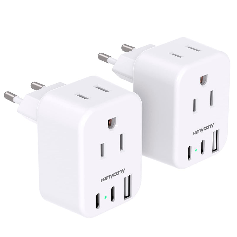 European Travel Plug Adapter for International, HANYCONY Italy Spain Power Adapter 2 Outlets 2 USB C Ports, Type C Adapter Travel Cruise Essentials for US to Most Europe France Germany EU, 2 Pack