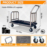 Hotel Luggage Cart - Heavy Duty Bellman Trolley with Bumper Guard, Stainless Steel Hotel Trolley with Black Carpet & 6" Rubber Silent Wheels for Resorts (42" L x 26" W x 38" H)