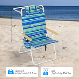 Tall Beach Chairs for Adults, 17" High Backpack Beach Chair with Wooden Armrests, 5 Positions Reclining Heavy Duty Chair with Large Cooler Pouch, Support to 350LBS Striped Blue&Green,1pack