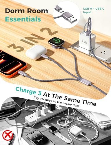 2026 Travel Essentials for Apple Watch Charger,Cruise Vacation Camping Essentials,iPhone Charger,Multi Charging Cable,3 in 2 Charging Docks for iWatch Series 11-2/Ultra,iPhone 17-12,Car