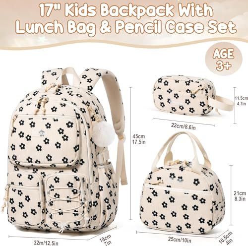 Fimibuke School Backpack for Girls Boys - 3PCS Corduroy Kids Backpack Set with Lunch Box & Pencil Pouch, Lightweight Teen Girls School Bag Laptop Bag Travel Daypack for Elementary Middle High School