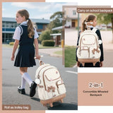 ACESAK Rolling Backpack for Girls - Roller Wheels School bag with Lunch Bag & Pencil Pouch for Teen Girls Kids Wheeled Suitcase Backpacks, Elementary Middle School Travel Daypack(Beige Khaki)