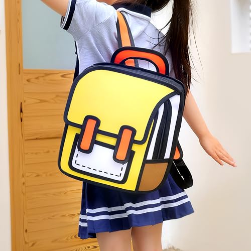 Lifelix Kids Kawaii Backpack for Boys Girls Cute Toddler 2D Cartoon Comic Paper Jump Bookbag Fun Weird School Schoolbag (Yellow, Small)