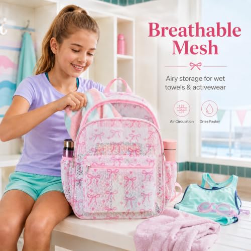 LEDAOU Mesh Backpack for Kids Girls Semi-Transparent Mesh School Backpack Bookbag Lightweight Casual Daypacks (Bow Pink)
