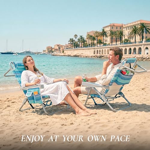 ARURU Beach Chairs for Adults 2 Pack, Portable Folding Backpack Beach Chair Heavy Duty 5-Position Lay Flat with Cooler Bag, Cup Holder for Outdoor/Lawn/Picnic/Camping