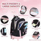 ACESAK Rolling Backpack for Girls Teens, Y3K Aesthetic School Backpack Set for Daypack and Travel, Wheeled Bookbag with USB Charging Port for Elementary Middle High School College Students(Pink)