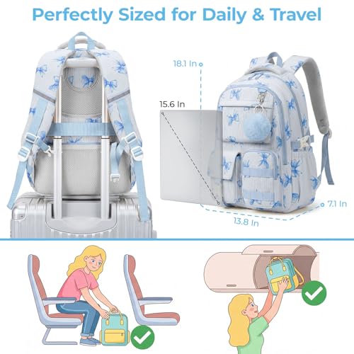shiprabags Corduroy Backpack for Teen Girls, Aesthetic Cute Blue Bow School Backpack with Multi-Pocket, Lightweight Bookbag Fits 15.6 Inch Laptop, Large Capacity Casual Daypack for School Travel