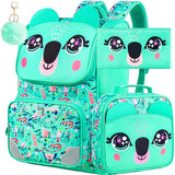 3PCS Bookbag for Girls, Sequin Backpack with Lunch Box, 15" Kids Preschool School Bag for Elementary Toddler Students - Green Koala