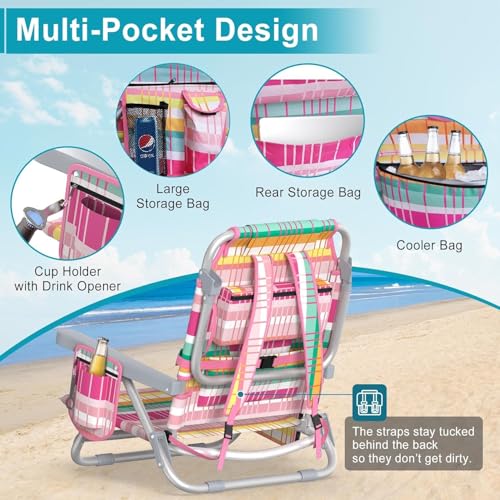Suteck Beach Chair, Adjustable 5-Position Backpack Beach Chairs for Adults Kids, Foldable Lay Flat Chair with Cooler Bag, Cup Holder and Lumbar Pillow, Reclining Lay Down Chairs (1, Rainbow Pink)