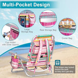 Suteck Beach Chair, Adjustable 5-Position Backpack Beach Chairs for Adults Kids, Foldable Lay Flat Chair with Cooler Bag, Cup Holder and Lumbar Pillow, Reclining Lay Down Chairs (1, Rainbow Pink)