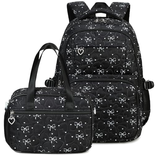 Joyfulife Bow Print School Backpack for Girls Backpack with Lunch Box Kids Bookbags Preschool Kindergarten Primary Elementary School Bags Teen Travel Back Pack (Black)