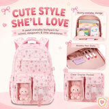 BTOOP Multi-Compartment Kids Backpack for Girls, Cute Pink Bow School Backpack with Chest Strap, Side Pocket Fits 40 oz Tumbler, Luggage Strap, Girls Bookbag for Elementary Middle School