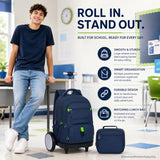 CCJPX 3Pcs Men & Boys Rolling Backpack with Bigger Wheels, Extra-Large Wheeled Bookbag with Lunch Box, Water Resistant Roller Luggage for Travel, Work, College (Blue)