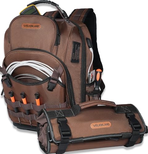 WELKINLAND 70Pockets HVAC Tool Backpack With Tool Roll, 4-Piece Electrical Backpack With Tools Roll Bags, Hard Bottom Electrician Back | Backpacks4Less