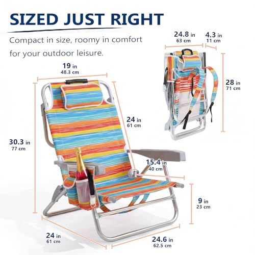 Compact Portable Beach Chairs for Adults 2 Pack, 5-Position Aluminum Lay Flat Backpack Beach Chair, Low Beach Chair with Cooler Pouch, Storage Pouch, Towel Bar, Cup Holder, Rainbow Stripe 2 Pack