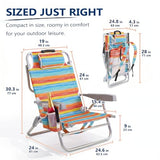 Compact Portable Beach Chairs for Adults 2 Pack, 5-Position Aluminum Lay Flat Backpack Beach Chair, Low Beach Chair with Cooler Pouch, Storage Pouch, Towel Bar, Cup Holder, Rainbow Stripe 2 Pack