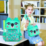 3PCS Bookbag for Girls, Sequin Backpack with Lunch Box, 15" Kids Preschool School Bag for Elementary Toddler Students - Green Koala